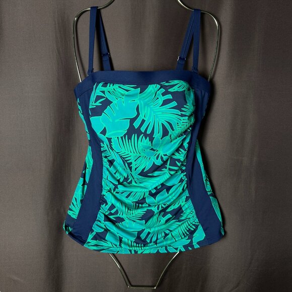 Lands' End Women's 4, 2-10 LONG Bandeau Tankini Swimsuit Top Tropical Print Navy - Picture 1 of 9